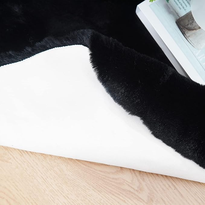 Ghouse Ultra Soft Faux Rabbit Fur Rug, Machine Washable Area Rugs for Bedroom Fluffy Rugs for Living Room, No-Shedding Carpet Sheepskin Rug Black 2 x 6 Feet