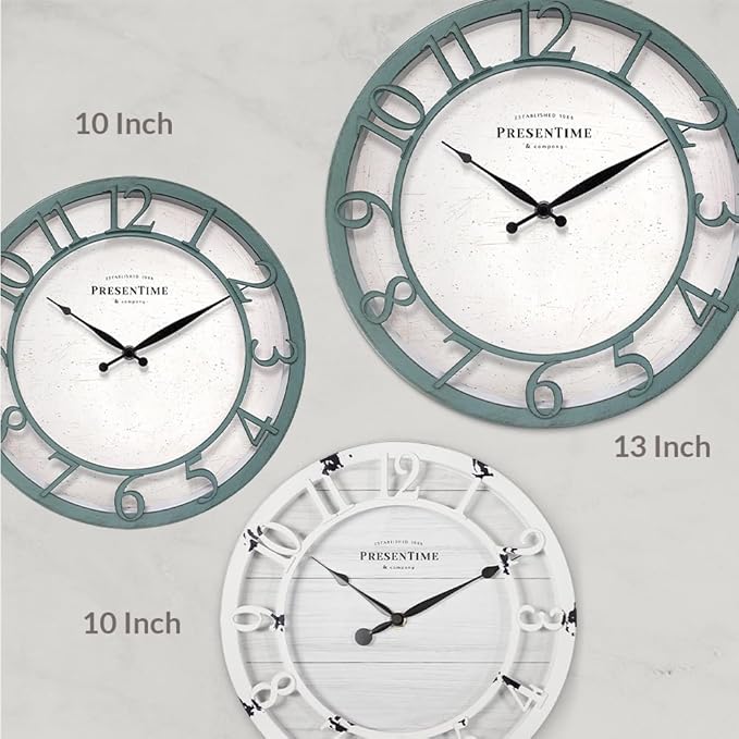 Presentime & Co 10" Farmhouse Series Wall Clock, Shiplap Style, Silent No Ticking, Raised 3D Arabic Numeral, Aged Teal Finish