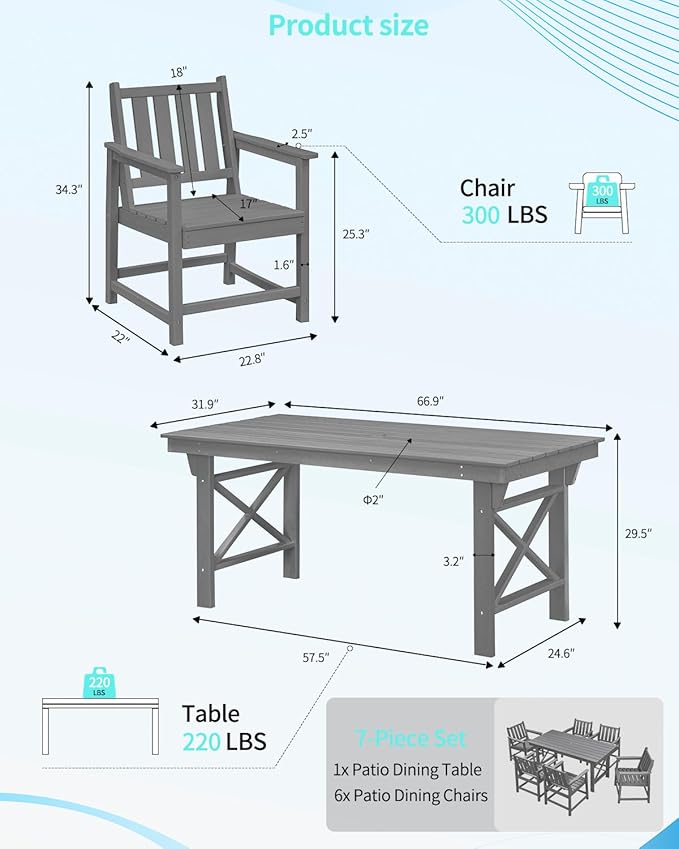 QUASCO Outdoor HDPE Dining Table Set, 7-Piece Outdoor Patio Dining Sets with Umbrella Hole Cut-Out Table and 6 Chairs for Backyard, Deck, Garden and Poolside, Gray