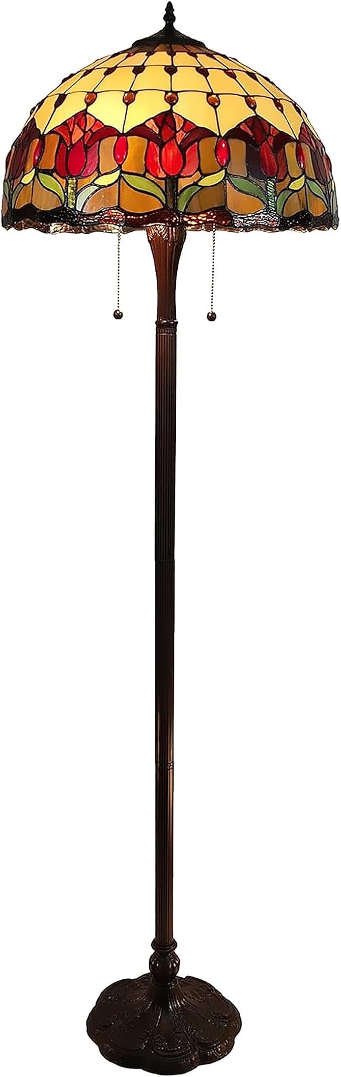 Amora Tiffany Style Standing Floor Lamp 62" Tall Stained Glass Brown Red Green Flower Tulip Antique Vintage Light Decor Bedroom Living Room Reading Gift AM002FL18B Lighting, Multicolor