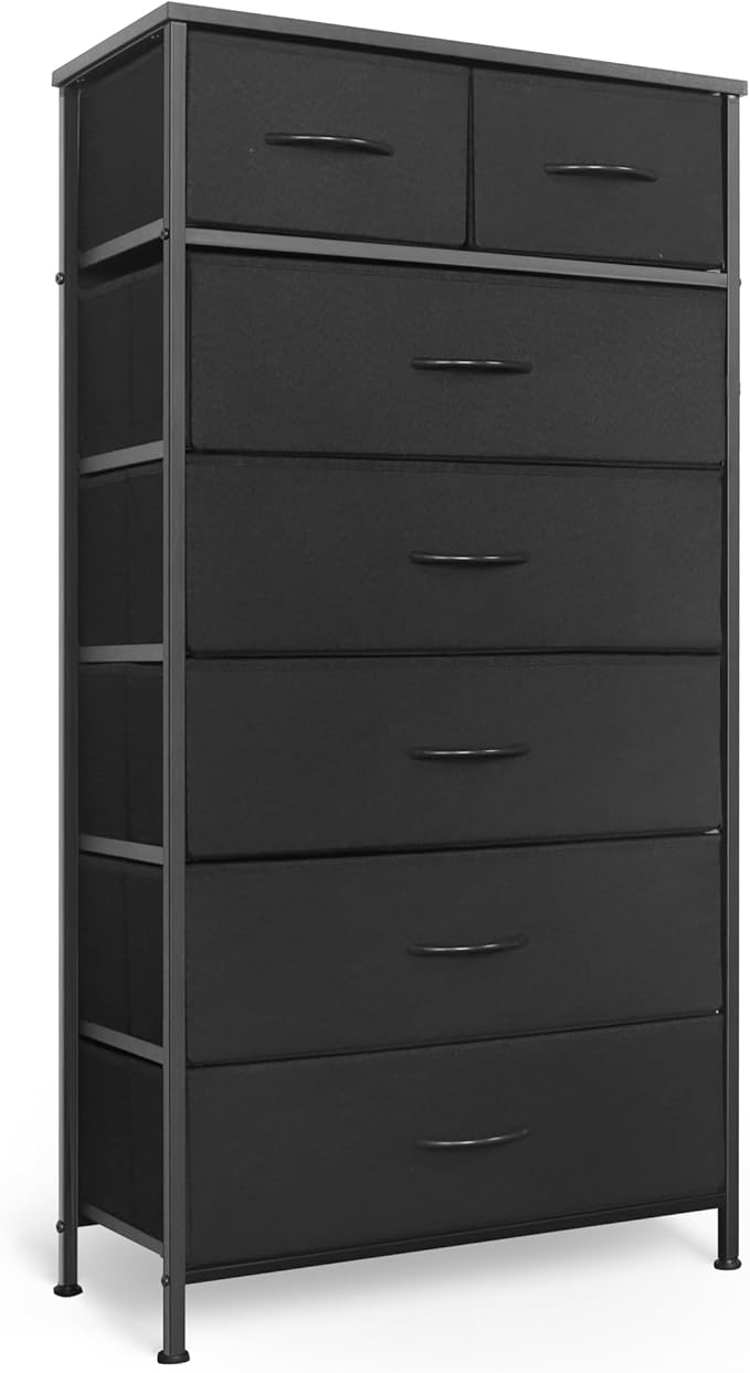 Tall Dresser for Bedroom, Vertical Storage Organizer Tower with 7 Drawers, Chest of Drawers with Fabric Bins, Steel Frame, Wood Top for Bedroom, Closet, Entryway- Black