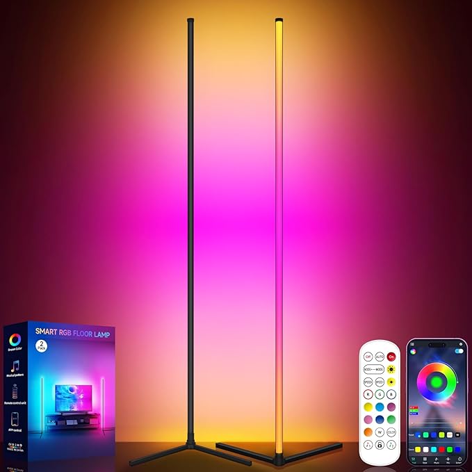 Corner Floor Lamp 2 Pack, LED Lamps with Remote, RGB Standing Lamp, LED Light Stick, Music Sync Dimmable Color Changing Ambient Light Bar for Bedroom, Living Room, Gaming Room, Party, Dorm