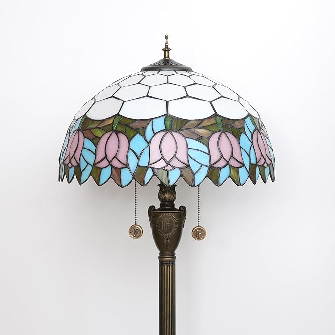 Tiffany Floor Lamp Pink Tulip Style Stained Glass Lamp Bright Lighting Rustic Standing Floor Lamp 16X16X64 Inches Vintage Unique Bronze Reading Corner Lamp for Home Decor Living Room Bedroom