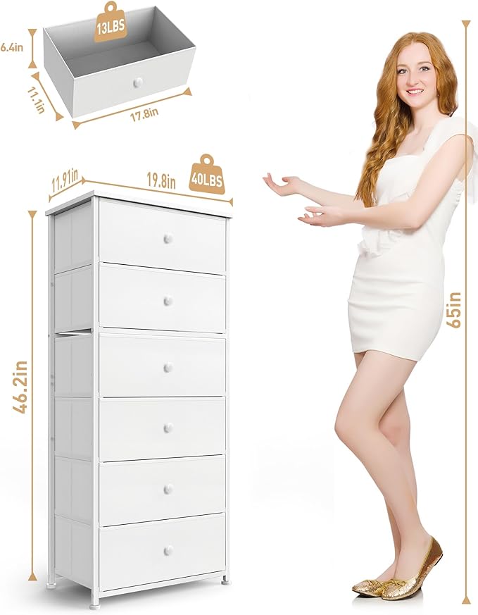Tall Fabric Dresser for Bedroom, Vertical Storage Organizer Tower with 6 Drawers, Chest of Drawers with Bins, Steel Frame, Wood Top for Bedroom, Closet, Entryway White