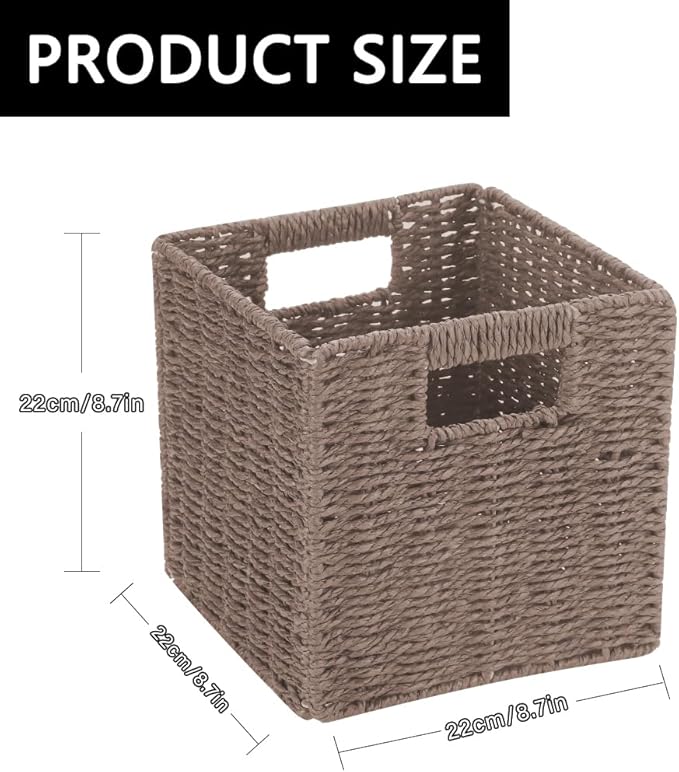 6 Pack 8.7 Inch Wicker Baskets, Hand Woven Paper Rope Storage Baskets, Foldable Cube Storage Bins Organizer Square Wicker Cubes for Shelves Pantry Organizing & Decor (Brown)