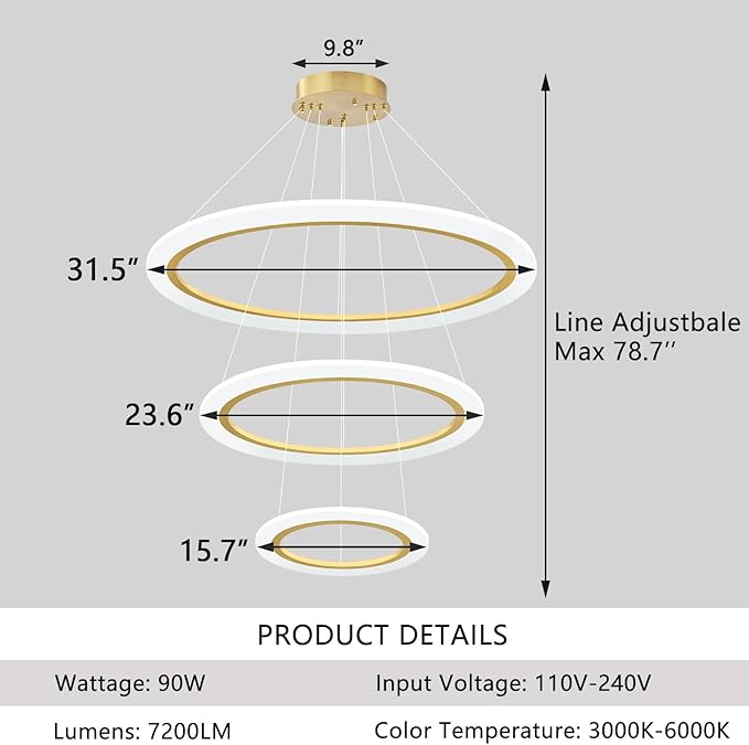 Modern LED Chandelier 3 Ring Chandelier for Dining Room Living Room Pendant Lighting Fixture High Ceiling Hanging LED Pendant Ceiling Light Fixture for Bedroom Foyer Gold