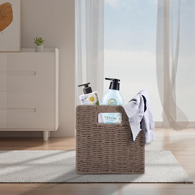 6 Pack 8.7 Inch Wicker Baskets, Hand Woven Paper Rope Storage Baskets, Foldable Cube Storage Bins Organizer Square Wicker Cubes for Shelves Pantry Organizing & Decor (Brown)