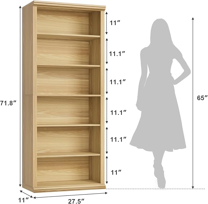 Rresyet Bookcase and Bookshelves, 28" W Tall Bookshelf with Elegant Design, 6 Tiers Spacious Book Storage, Freestanding Book Organizer, Display Library Shelf for Home Office, Living Room & Study Room
