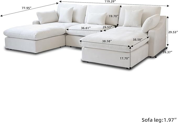Cloud Couch Modular Sectional Sofa,119.29" U Shaped Couch, Oversized Down Filled Convertible Wide Seater,3 Seater with 2 Ottomans for Living Room Set, Covers Washable&,White