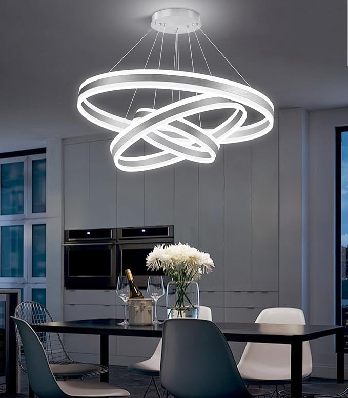 Modern LED Dimmable Chandeliers for Dining Room 3-Rings High Ceiling Chandelier for Living Room Adjustable Pendant Light Flush Mount Light Fixture for Foyer Entryway Bedroom |Silver