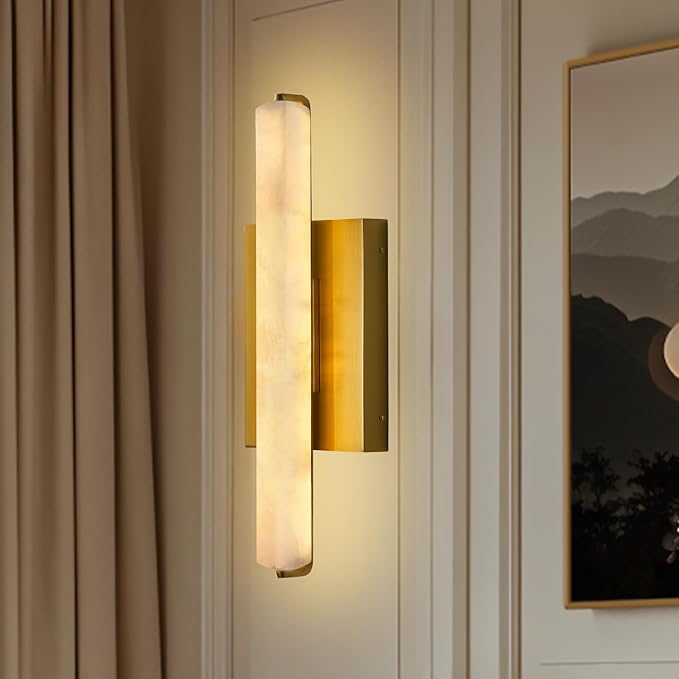 Alabaster Wall Sconces Set of Two, 15" Brass Alabaster Sconce, Spanish Natural Marble Wall Sconce Lamp Indoor, Rectangle Modern Sconces Lighting for Bathroom Living Room Bedroom Stairs Hallway