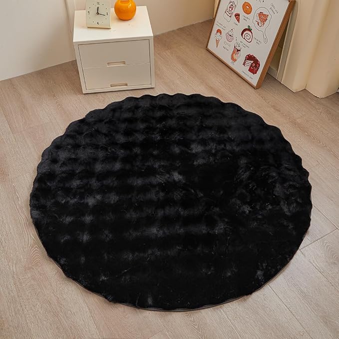 chovy Black Round Faux Fur Area Rug, 4'X4', Modern Style, Machine Made, Grid Pattern, 2 Inch Pile Height, Indoor Use Only
