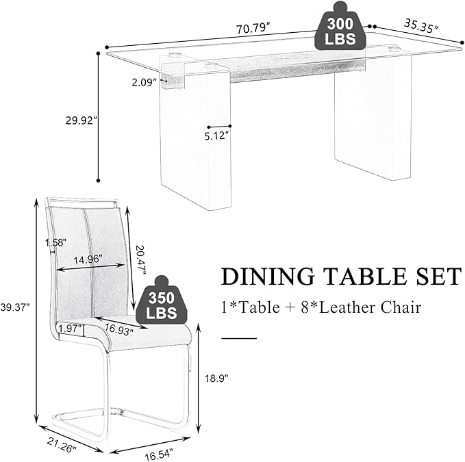 FURNITO Glass Dining Table Set for 8,Modern Dining Table Set,71 in White Dining Table with 8 PU Leather Dining Chairs for Kitchen Dining Room(Glass Dining Table + 8 PU Leather Chairs)