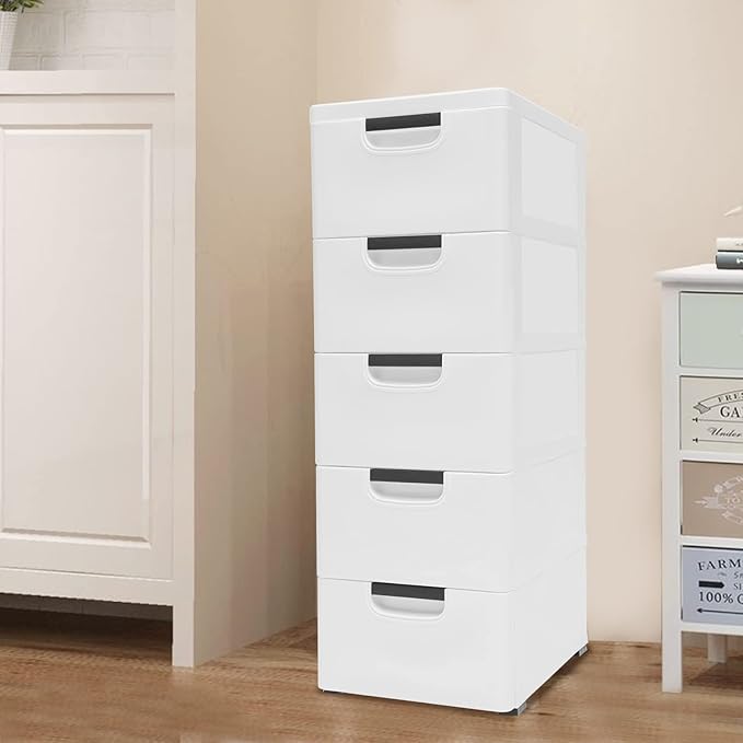 TBVECHI Plastic Drawers Dresser, 16" Wx12 Dx33 H Closet Drawers Storage Cabinet with 5 Drawers, Tall Dresser Organizer with 4 Wheels for Clothes, Playroom, Bedroom, Kitchen Storage Furniture
