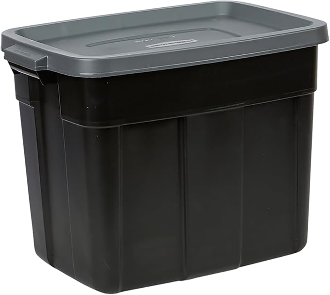 Rubbermaid 6-Pack Heavy Duty Durable 3 GAL Totes for Storage with Snap Lids and Handles, Plastic Storage Bins Stackable Black Gray for Home and Garage (3 GAL - 6 Pack Solid Black and Grey)