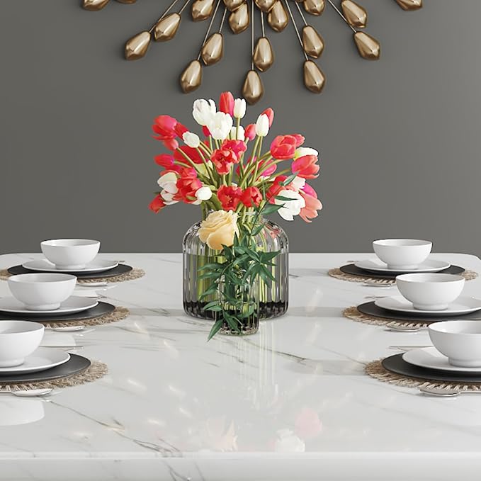 67'' Modern Dining Table Set for 6,White Kitchen Table Set,Luxury Dining Table Set with 1.8-inch Thick Faux Marble Table Top＆6 Pu Leather Upholstered Chairs Ideal for Dining kicken Room