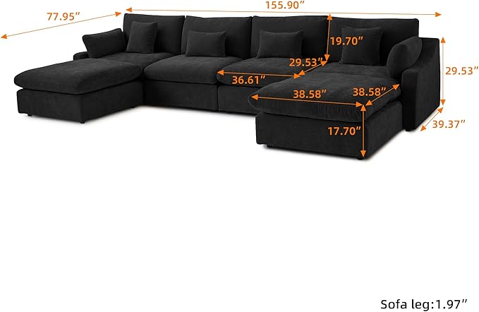 Cloud Couch Modular Sectional Sofa, 156" U Shaped Couch, Oversized Down Filled Convertible Wide Seater with 2 Ottomans for Living Room Set, Covers Washable&Replaceable,Black