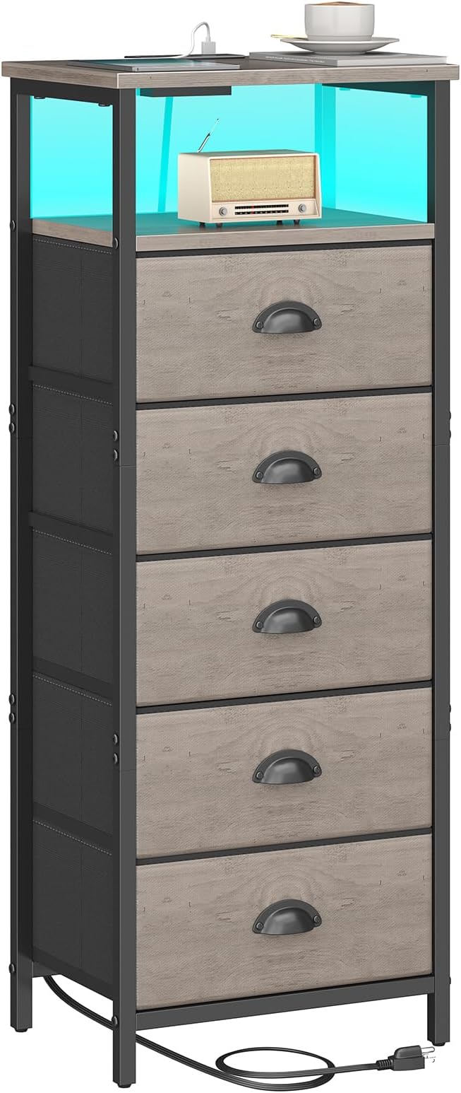 Nightstand with Charging Station,LED Grey Nightstand with 5 Fabric Drawers, Bedside End Tables, 2-Tier Open Storage Shelf Side Table Nightstand with Drawers for Bedroom, Grey