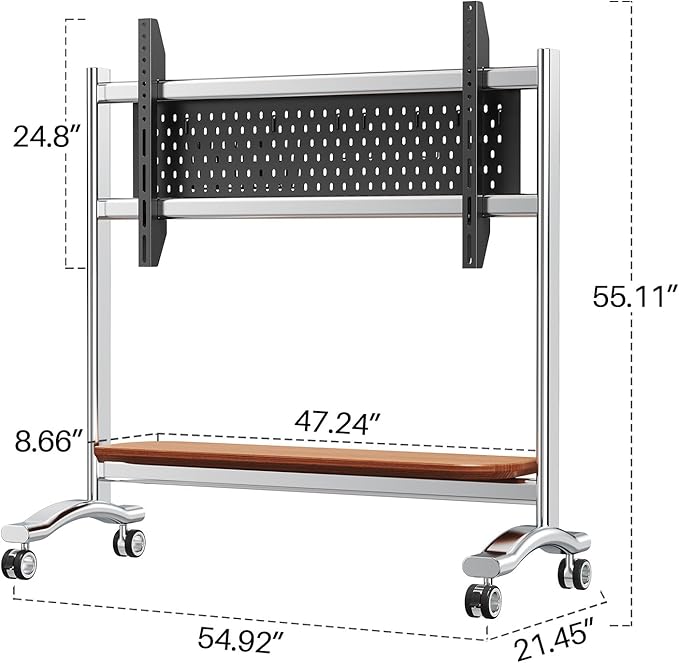 Heavy Duty Mobile TV Stand Easel Rolling TV Cart with Wheels for 65-110 Inch, Stainless Steel Portable Floor TV Stand on Wheels with Large Storage Pegboard Hold Up to 198 Lbs Max VESA 1200x600 mm (08)