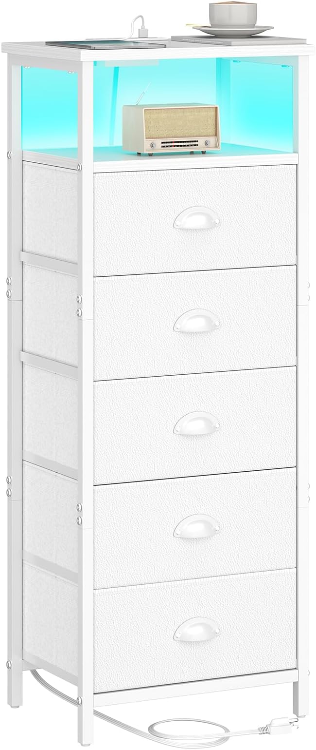 Nightstand with Charging Station,LED White Nightstands with 5 Fabric Drawers PU Finish, Bedside End Tables, 2-Tier Open Storage Shelf Side Table Nightstand with Drawers for Bedroom,White