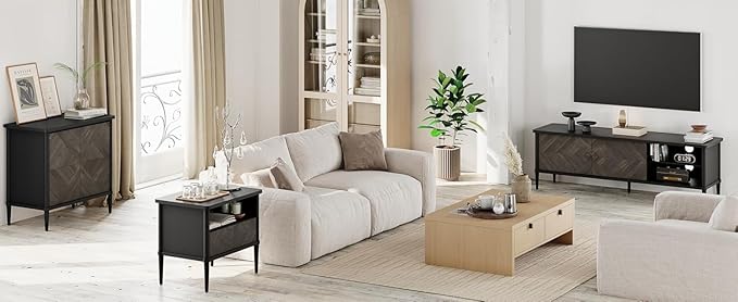 Lenia Queen Bed Frame with 2 Matching Nightstands – Modern Wood Platform Bed Set, Chevron Diamond Design, No Box Spring Needed, Slatted Support (Mocha Black, Queen)