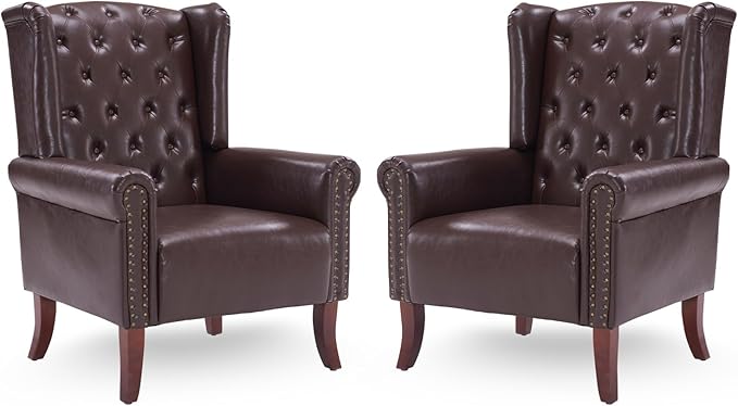 MOJAY Mid-Century Modern Living Room Chairs Set of 2, Upholstered Faux Leather Accent Chairs Club Arm Chair, Single Sofa Chair with Solid Wooden Legs for Bedroom Study Home Office Lounges(Caramel)