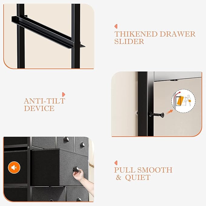 EnHomee Dresser for Bedroom with 9 Drawers, Dressers with 2 Open Shelves, Fabric Dressers & Chests of Drawers for Bedroom, Sturdy Metal Frame, Large Dresser, Black Grey