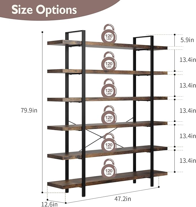 6-Tier Industrial Bookcase, 47 Inch Wide Wood Bookshelf, 120lbs Shelf Capacity, Rustic Open Shelving Heavy Duty Display with Reinforced Horizontal Brown Shelves for Living Room Bedroom Office -2Pcs