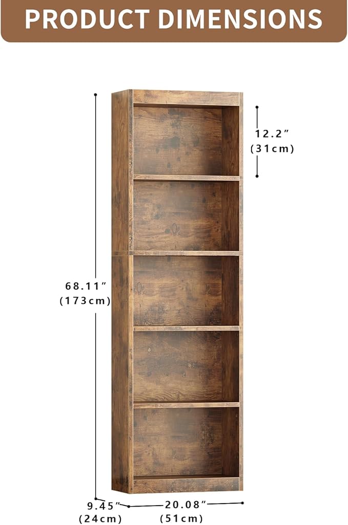 5-Tier Bookcase, Open Storage Shelf, Narrow Tall Book Shelf, Freestanding Display Storage Shelves Suitable for Home Office, Living Room and Bedroom, Rustic Brown