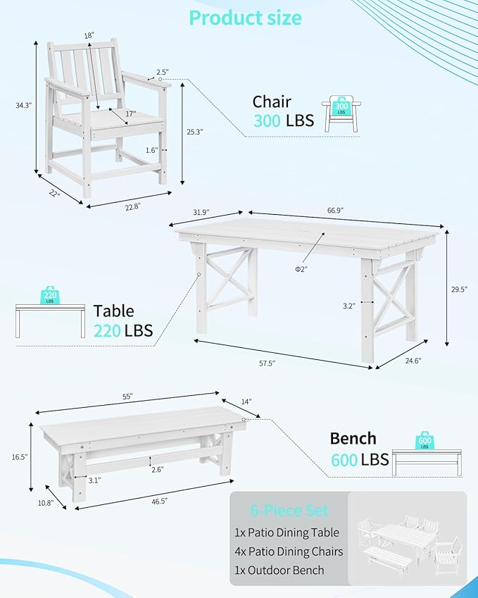QUASCO Outdoor HDPE Dining Set for 6, Patio Dining Furniture Set with Umbrella Hole Table and 1 Bench and 4 Chairs, All Weather Outdoor Dining Bench Sets for Poolside, Garden, Deck, White