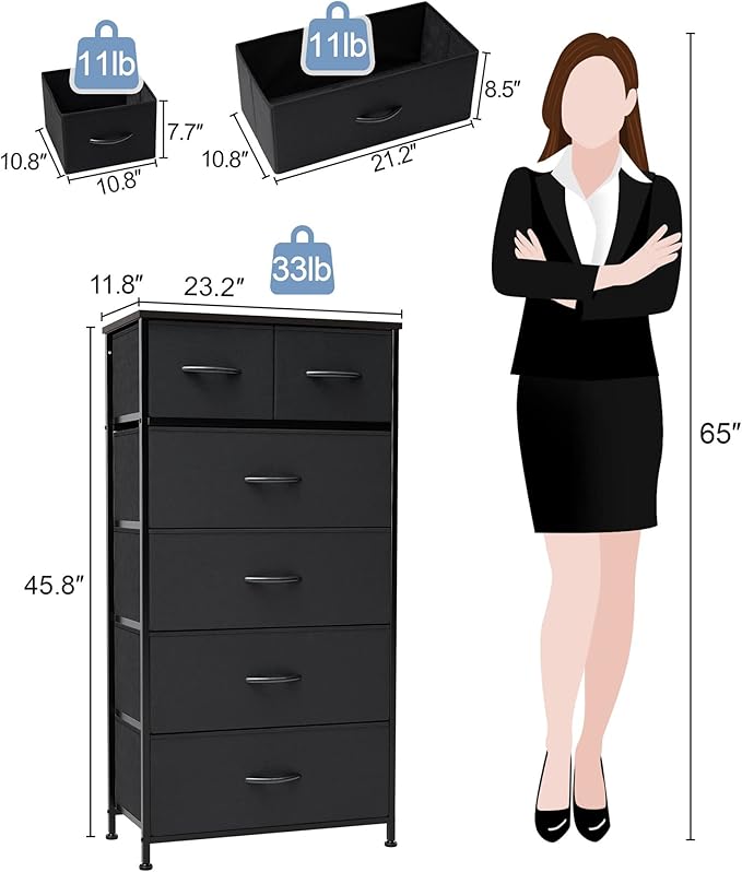 Crestlive Products Vertical Dresser Storage Tower - Sturdy Steel Frame, Wood Top, Easy Pull Fabric Bins - Organizer Unit for Bedroom, Entryway, Closets - 6 Drawers (Black)