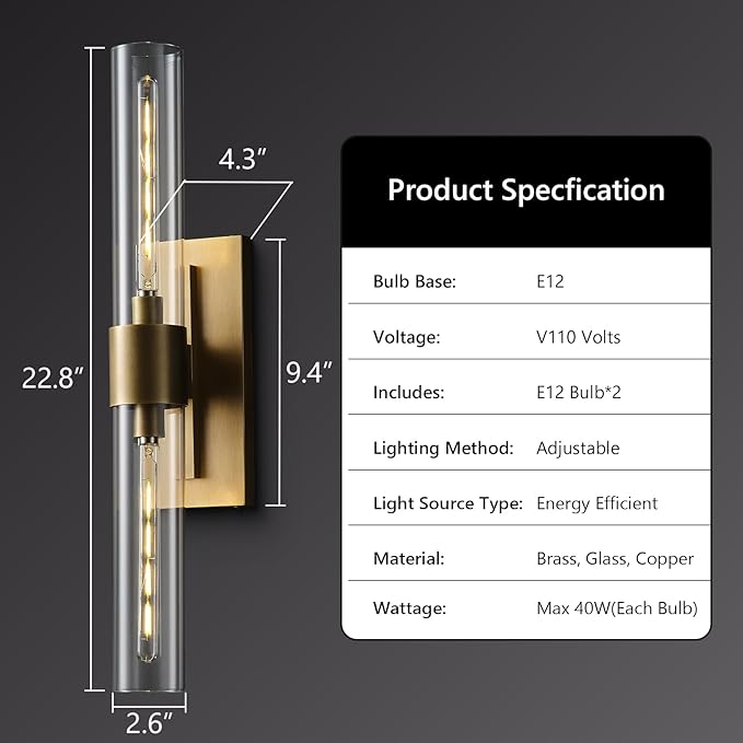 Brass Wall Sconce Set of Two, Gold Bathroom Wall Sconce Vanity Light Over Mirror, 22.8" Gold Sconce with Glass Tube, Horizontal or Vertical Linear Sconce Wall Lighting for Living Room, Bedroom