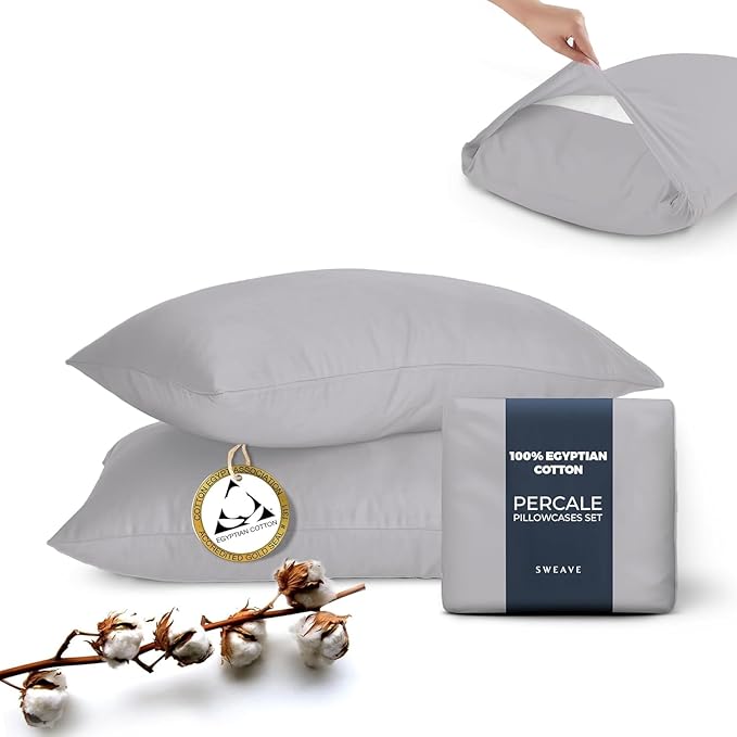 100% Egyptian Cotton Percale Pillow Cases Set - Luxurious 400 Thread Count, Breathable & Skin-Friendly - Softer After Each Wash - Oeko-TEX Certified