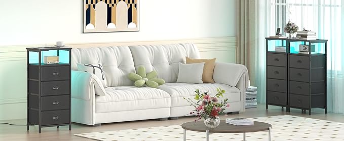 Nightstand with Charging Station,LED Black Nightstand with 4 Fabric Drawers PU Finish, Bedside End Tables, 2-Tier Open Storage Shelf Side Table Nightstand with Drawers for Bedroom,Black