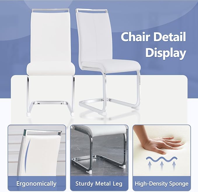 JUFU Dining Table Set for 6, 67'' Table and Chairs Set of 6 with Faux Marble Tabletop and Sturdy Leg, White Rectangle Dining Room Table Set for 6 with PU Chairs, Perfect for Dining Room and Kitchen