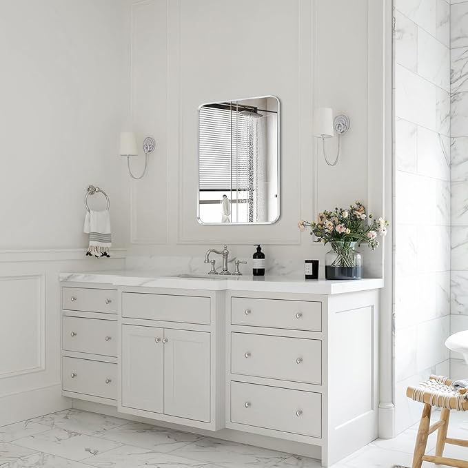 Wall Mount Mirror for Bathroom, Brushed Silver Metal Framed Rounded Corner Rectangular Vanity Mirror (18" x 24", Silver)