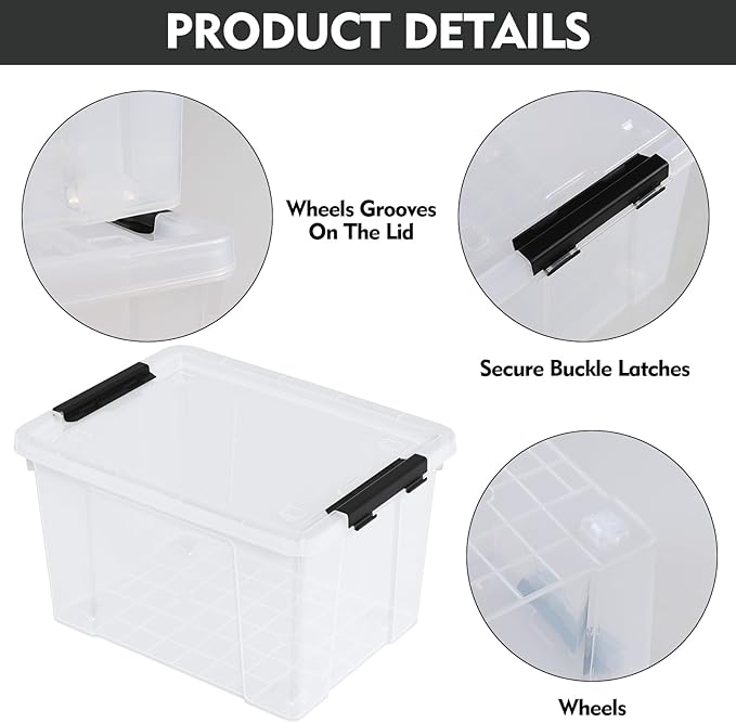 4-Pack Plastic Storage Bins with Lid, Latching Stackable Utility Tote, 35 Quart, Clear