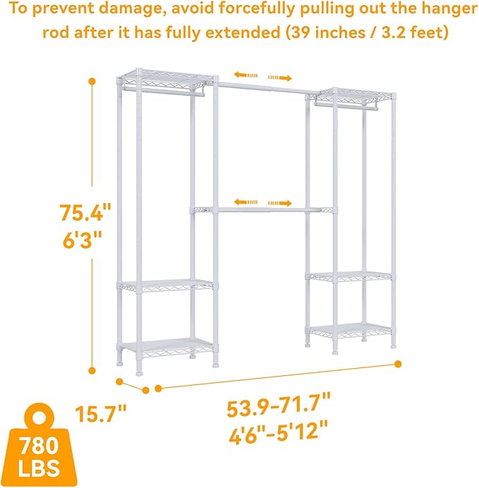 H10 Expandable Clothes Rack Clothing Rack for Hanging Clothes, Heavy Duty Garment Rack, Freestanding Wardrobe Closet Organizer with Hanger Rods, Extendable from 4.6 to 5.1 ft, White