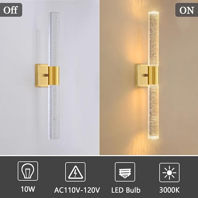 Brushed Gold LED Wall Sconces Set of 2 with LED Warm Light Interior Glam Crystal Wall Light, Hardwired