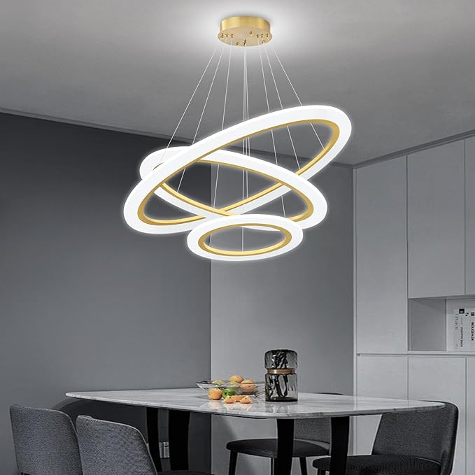 Modern LED Chandelier 3 Ring Chandelier for Dining Room Living Room Pendant Lighting High Ceiling Hanging Light Fixture for Bedroom Foyer Gold