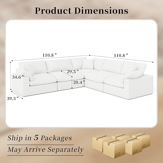 Modular Sectional Sofa Cloud Couch,Down Filled Comfy Cloud Modern Sofa,White Linen V Shape 5 Seater Oversized Couch Cushion Covers Removable for Living Room