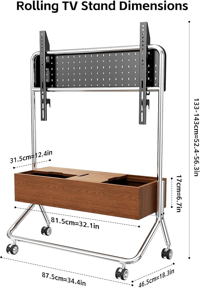 Solid Wood Mobile TV Cart Rolling TV Stand with Wheels for 42-75 Inch LCD LED Flat Curved Screens up to 180 Lbs, Heavy Duty Portable Floor Stainless Steel Mobile TV Stand (Walnut, 42-75inch)