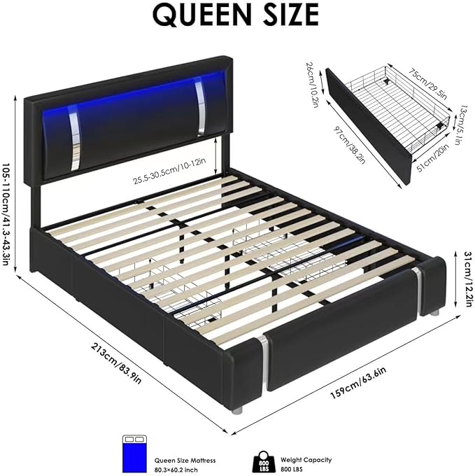 Keyluv Queen Bed Frame with RGB LED Lights Headboard & 2 Storage Drawers, Modern Upholstered Faux Leather Platform Bed with Iron Metal Decor, USB & USB-C Charging Ports, No Box Spring Needed, Black