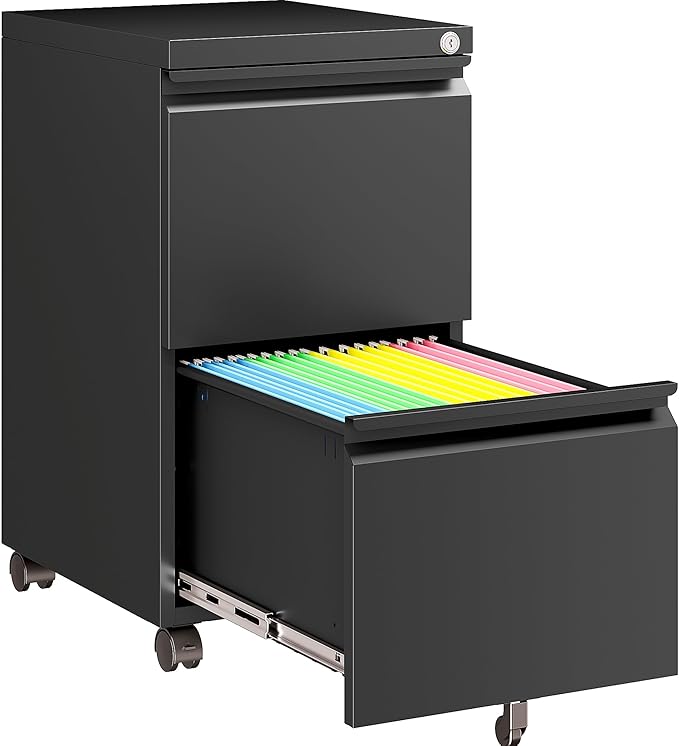 SISESOL 2 Drawer File Cabinet on Wheels,Metal Filing Cabinet with Lock,Black Rolling File Cabinets,Under Desk Office Cabinets for Home Office,Fit A4/Letter/Legal,Fully Assembled Except Caster