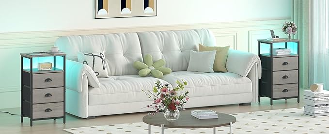 Nightstand with Charging Station,LED Nightstand with 3 Fabric Drawers, Bedside End Tables, 2-Tier Open Storage Shelf, Side Table Nightstand with Drawers for Bedroom,Grey