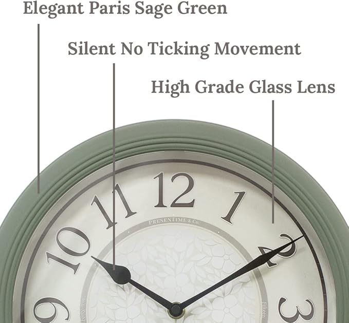 Presentime & Co. 12.6" Illuminated Farmhouse Wall Clock, Silent Battery Operated Night Light Wall Clock with Smart LED Sensor for Living Room, Bathroom, Kitchen, Home Office, Sage Green
