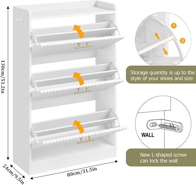 Shoe Storage Cabinet with 3 Flip Drawers, Fluted Freestanding Shoe Cabinet Storage for Entryway with Adjustable Shelf, Hidden Shoe Rack Cabinet for Foyer, Hallway (Milky White)