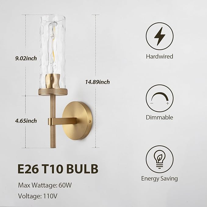 15" Knurled Brass Wall Sconces Set of 2, Gold Bathroom Vanity Light Fixtures with Water Ripples Glass Tube, Modern Lamp Lighting for Bedroom, Living Room, Hallway, Staircase, Mirror, Kitchen