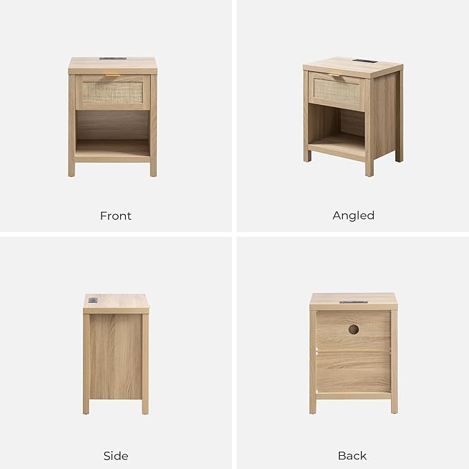 SICOTAS Rattan Nightstand, Farmhouse Night Stands with Drawer, Boho End Side Table for Bedroom, Small Space, Black Oak