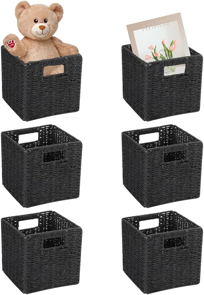 6 Pack 8.7 Inch Wicker Baskets, Hand Woven Paper Rope Storage Baskets, Foldable Cube Storage Bins Organizer Square Wicker Cubes for Shelves Pantry Organizing & Decor (Black)
